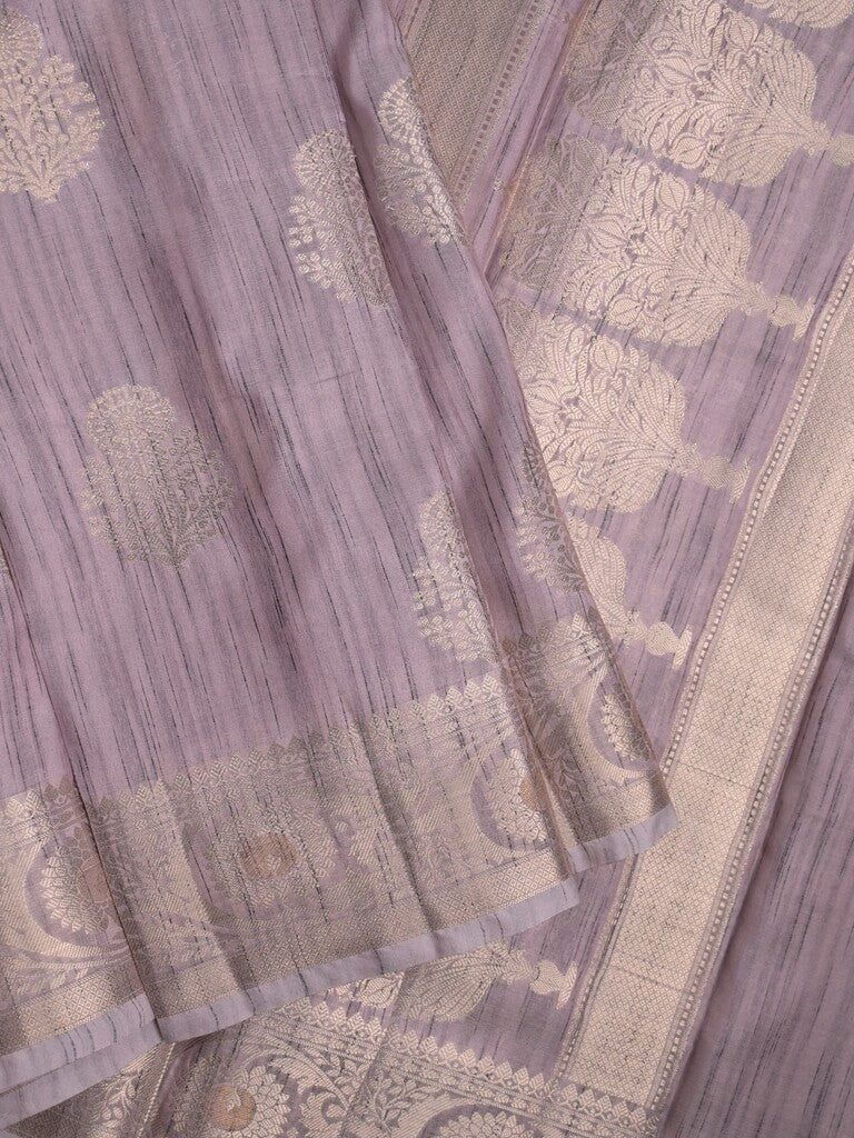 Chanderi jute fancy saree light purple color allover zari weaves & zari border with short pallu and brocade blouse