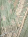 Chanderi jute fancy saree light pista green color allover zari weaves & zari border with short pallu and brocade blouse