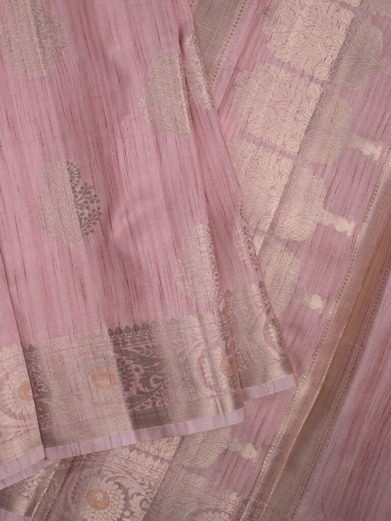 Chanderi jute fancy saree light pink color allover zari weaves & zari border with short pallu and brocade blouse