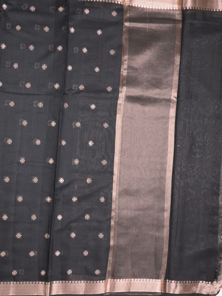 Chanderi fancy saree black color allover zari motifs & small zari border with zari pallu and plain blouse