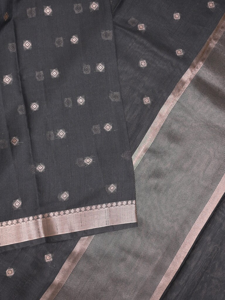 Chanderi fancy saree black color allover zari motifs & small zari border with zari pallu and plain blouse