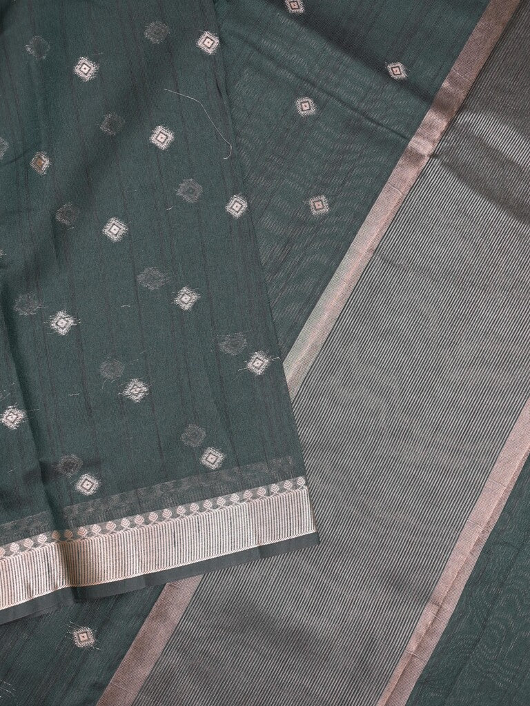 Chanderi fancy saree dark green color allover zari motifs & small zari border with zari pallu and plain blouse