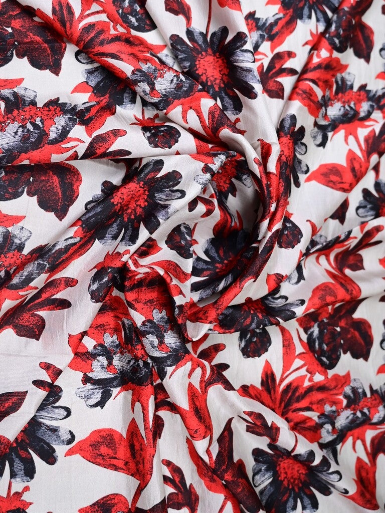 Mulberry silk fabric white and red color with allover floral prints