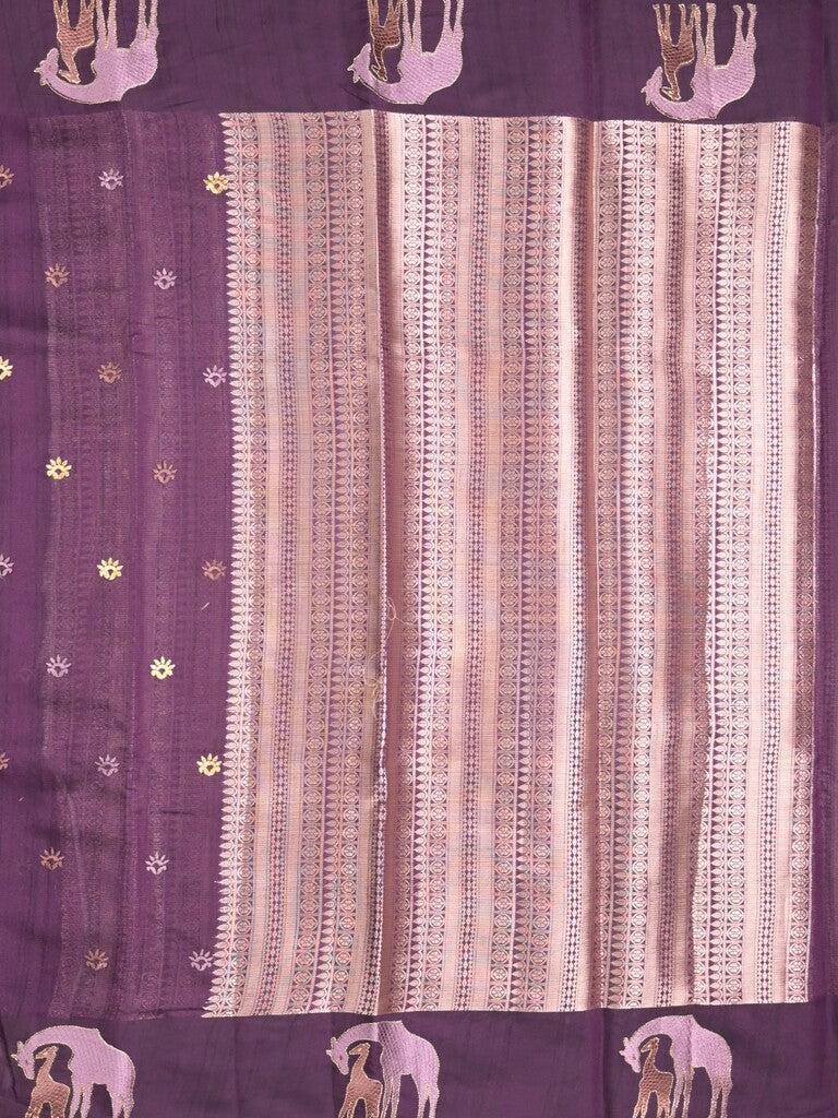 Jute fancy saree purple color allover embroidery motifs & small zari border with brocade pallu and brocade blouse