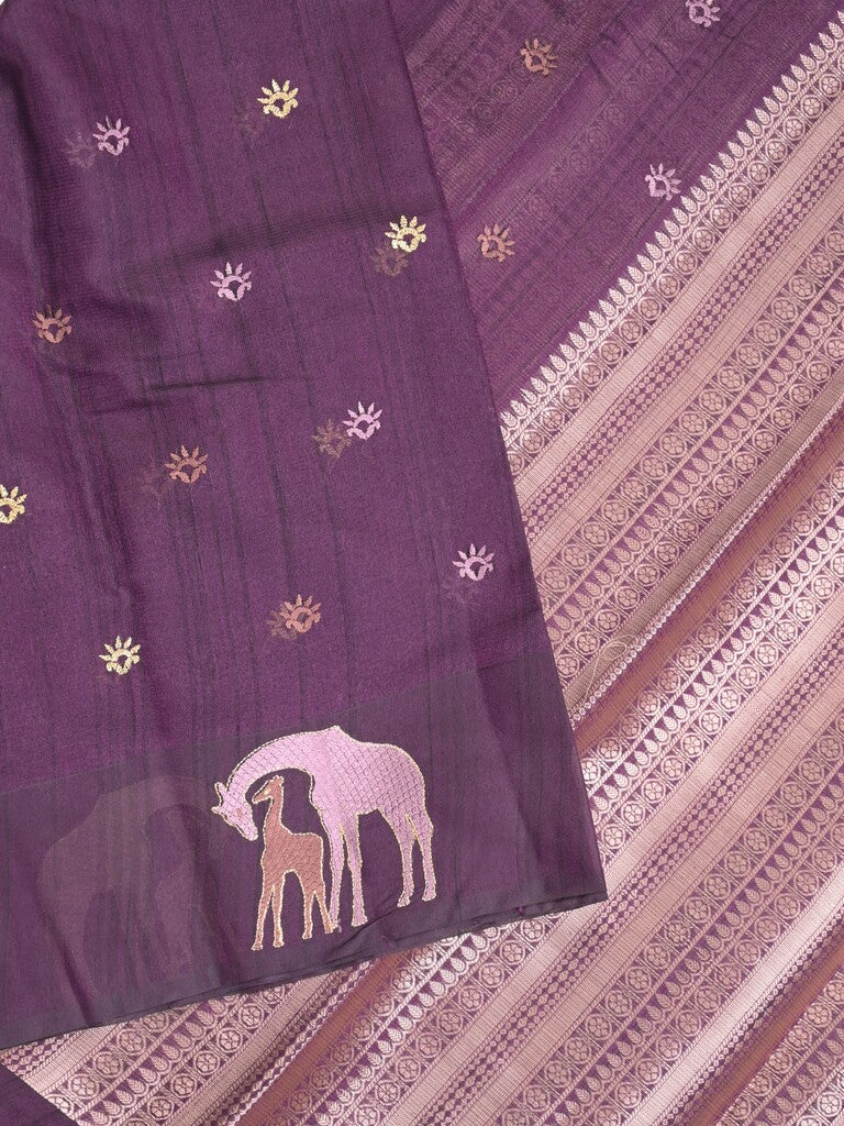 Jute fancy saree purple color allover embroidery motifs & small zari border with brocade pallu and brocade blouse