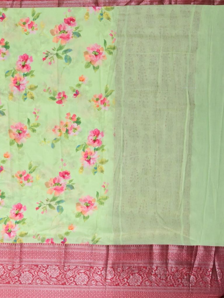 Munga fancy saree light green color allover prints & zari border with short pallu and printed blouse