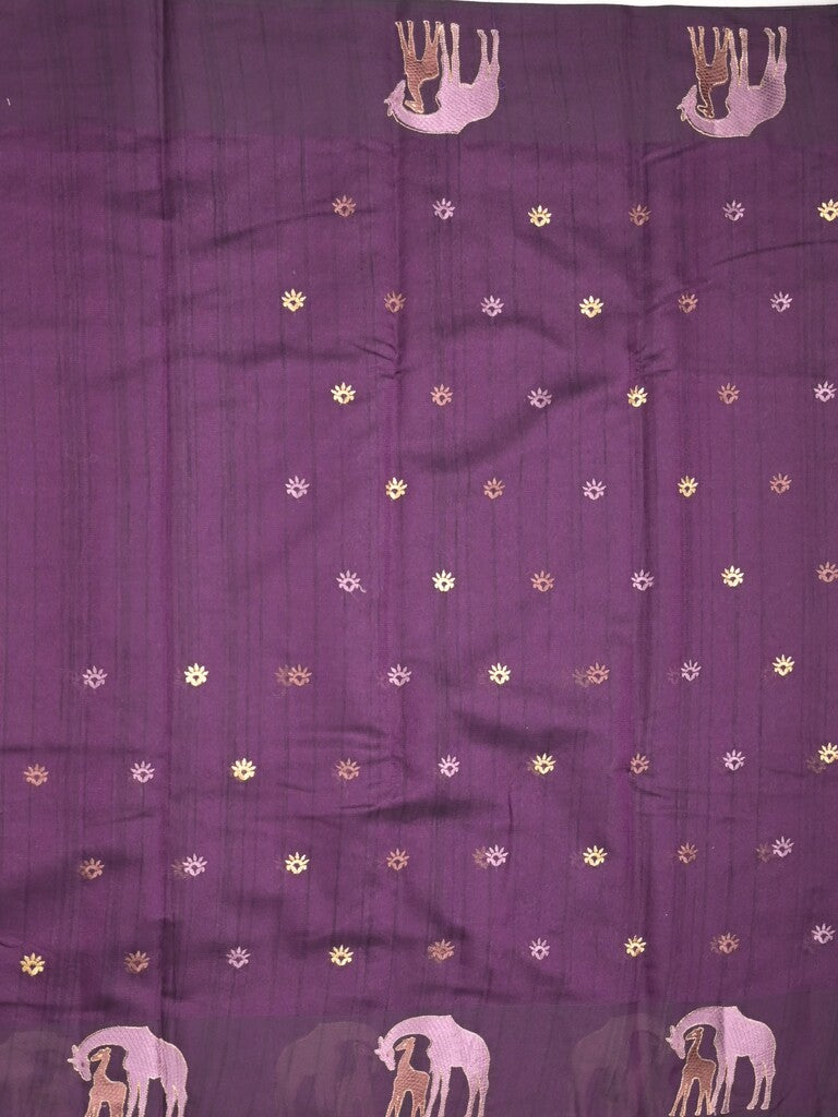 Jute fancy saree purple color allover embroidery motifs & small zari border with brocade pallu and brocade blouse
