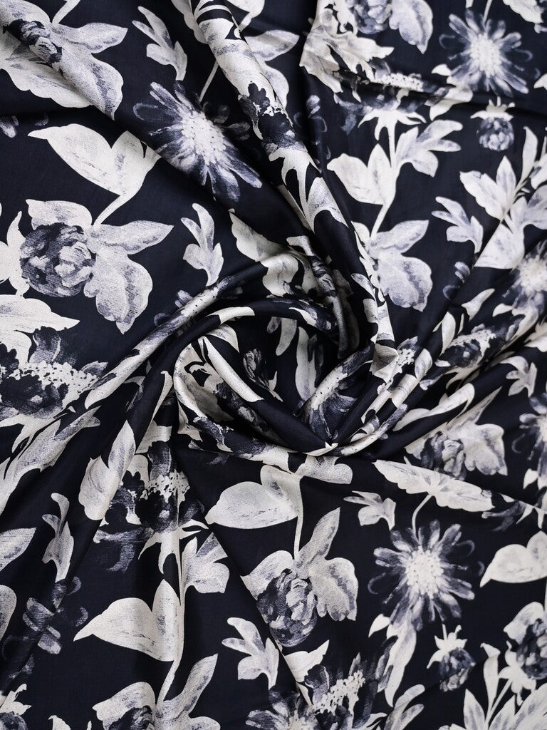 Mulberry silk fabric white and black color with allover floral prints