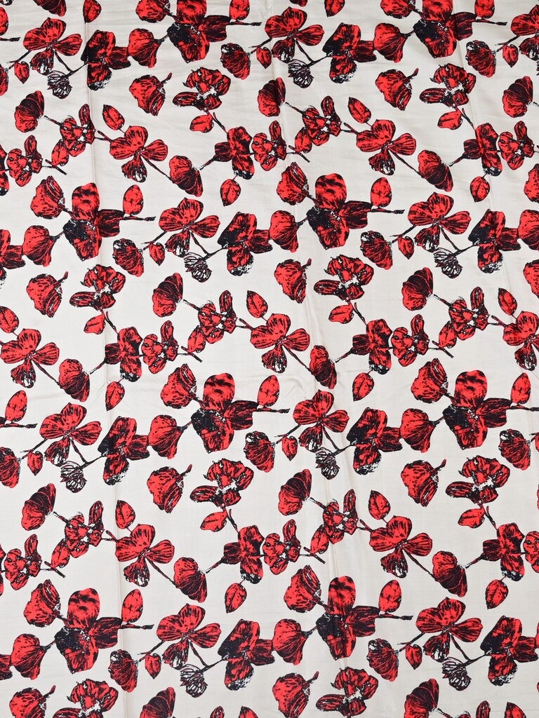 Mulberry silk fabric white and red color with allover floral prints