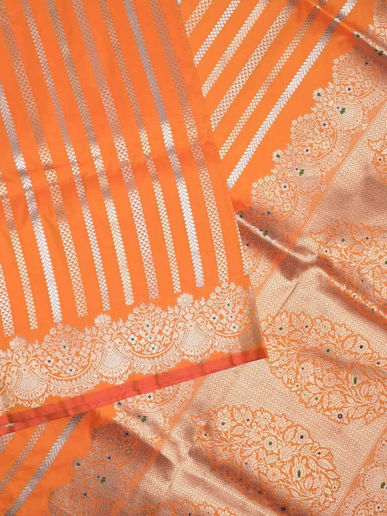 Banaras fancy saree orange color allover zari weaves & zari border with rich pallu and plain blouse