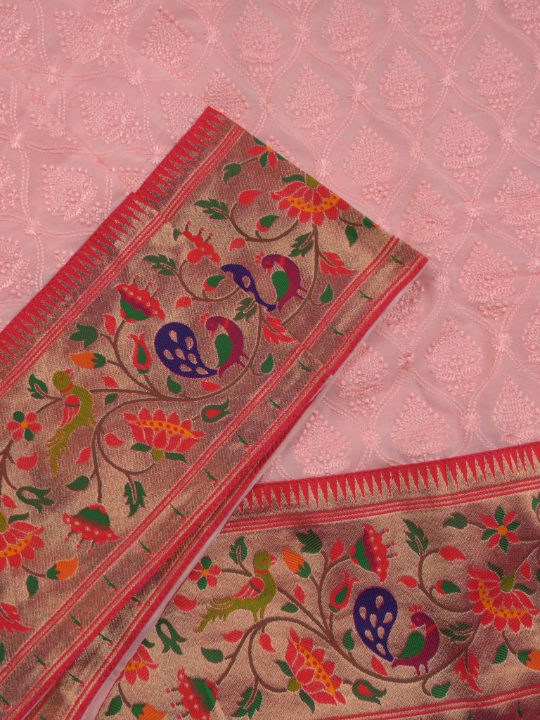 Chickenkari georgette saree baby pink color allover chickenkari work & paithani border with rich pallu and contrast blouse