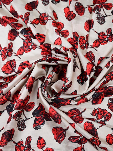 Mulberry silk fabric white and red color with allover floral prints