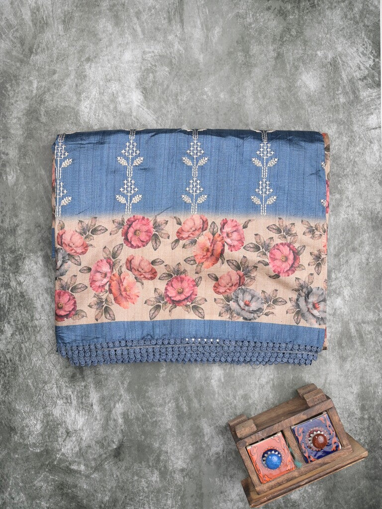 Tussar fancy saree blue color allover prints & printed border with printed pallu and contrast printed blouse