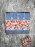 Tussar fancy saree blue color allover prints & printed border with printed pallu and contrast printed blouse