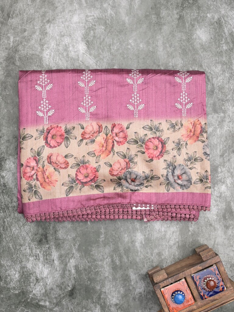 Tussar fancy saree purple color allover prints & printed border with printed pallu and contrast printed blouse