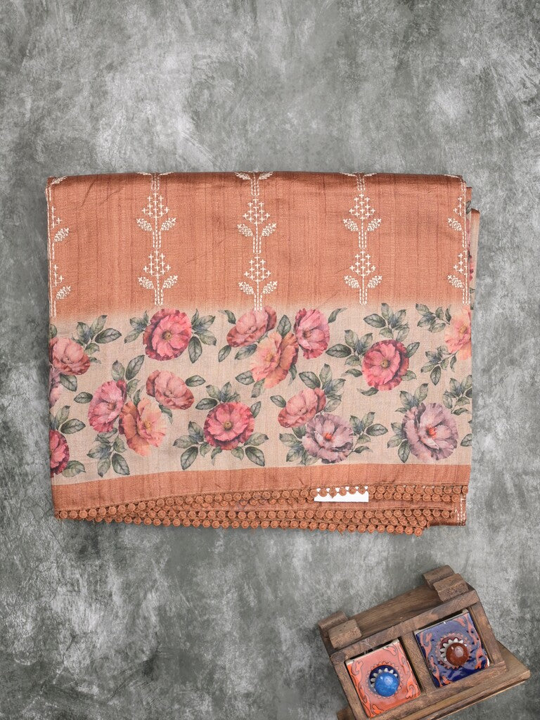 Tussar fancy saree dark peach color allover prints & printed border with printed pallu and contrast printed blouse