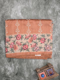 Tussar fancy saree dark peach color allover prints & printed border with printed pallu and contrast printed blouse