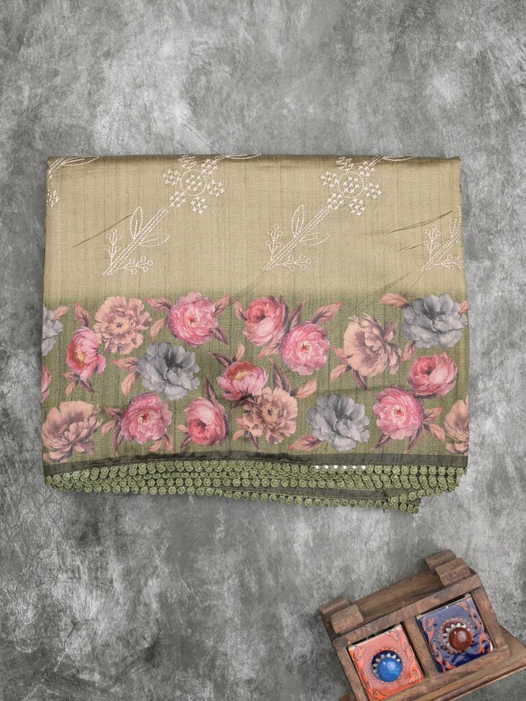 Tussar fancy saree light olive green color allover prints & printed border with printed pallu and contrast printed blouse