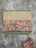 Tussar fancy saree light olive green color allover prints & printed border with printed pallu and contrast printed blouse