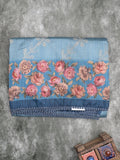Tussar fancy saree blue color allover prints & printed border with printed pallu and contrast printed blouse