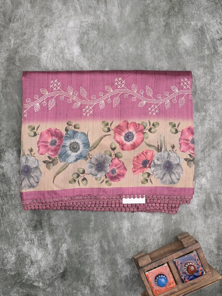 Tussar fancy saree purple color allover prints & printed border with printed pallu and contrast printed blouse