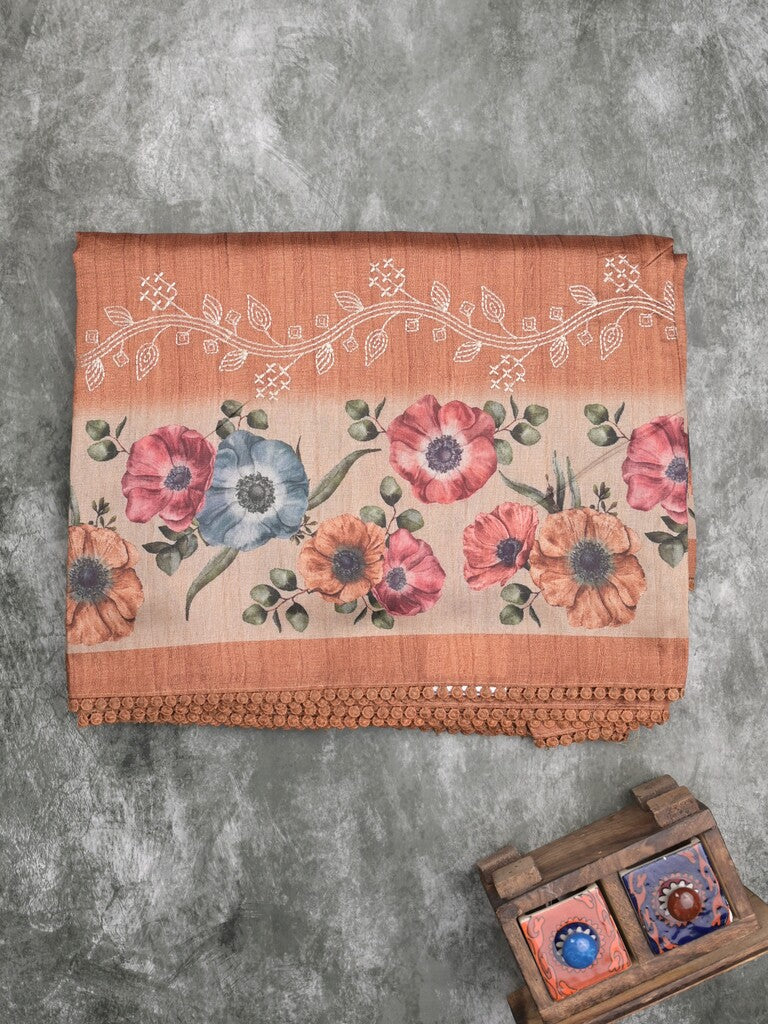 Tussar fancy saree dark peach color allover prints & printed border with printed pallu and contrast printed blouse