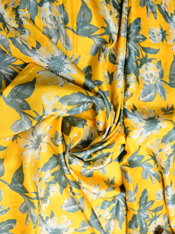 Mulberry silk fabric yellow and grey color with allover floral prints