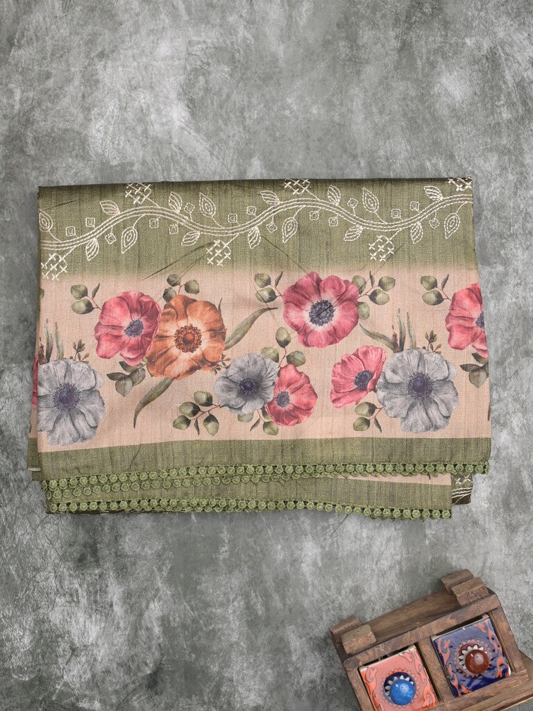 Tussar fancy saree olive green color allover prints & printed border with printed pallu and contrast printed blouse