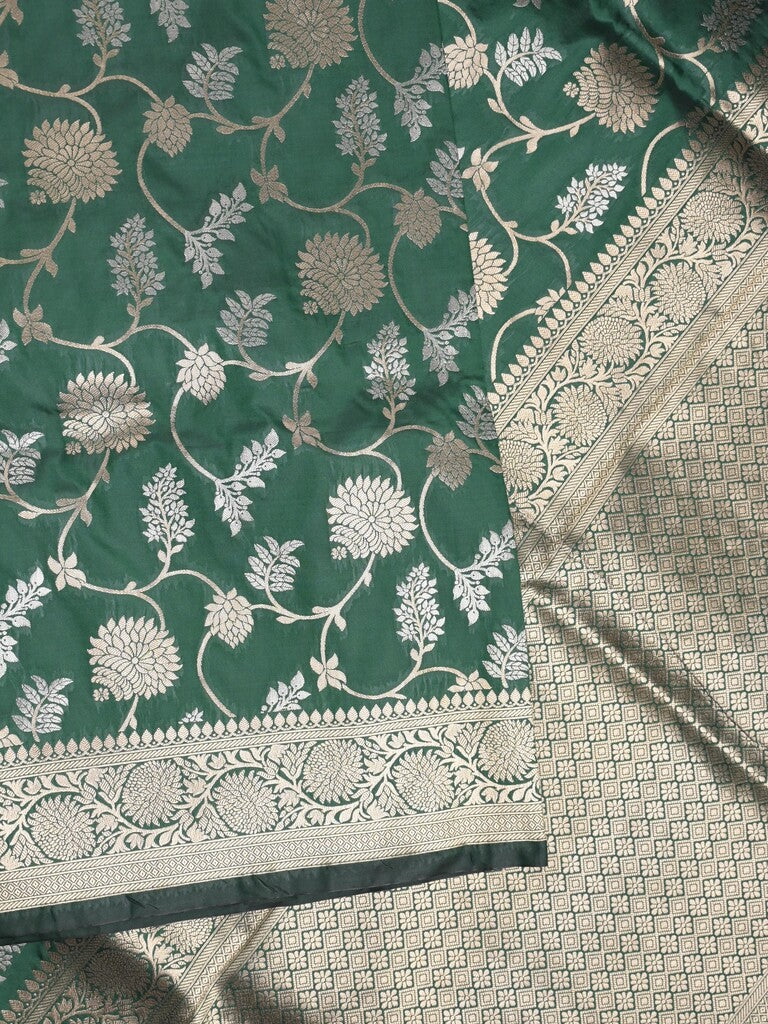 Banaras fancy saree bottle green color allover zari weaves & zari border with rich pallu and plain blouse