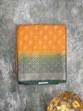 Dupion fancy saree mustard yellow color allover motifs & zari border with contrast pallu and attached blouse
