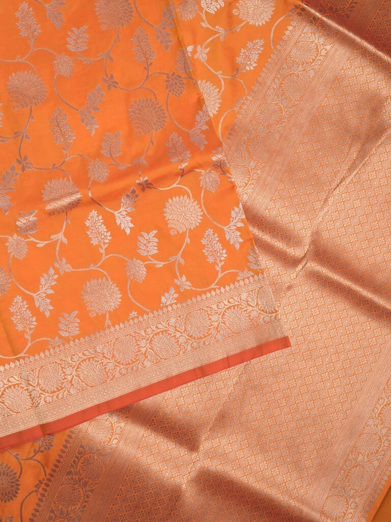 Banaras fancy saree orange color allover zari weaves & zari border with rich pallu and plain blouse