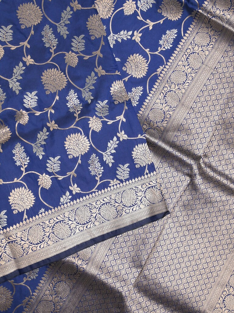 Banaras fancy saree royal blue color allover zari weaves & zari border with rich pallu and plain blouse