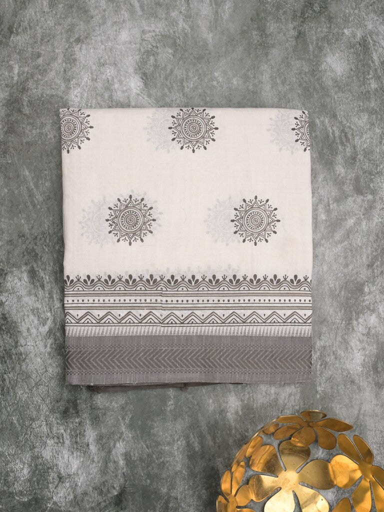 Kanchi cotton saree white color allover prints & small border with contrast pallu and attached plain blouse