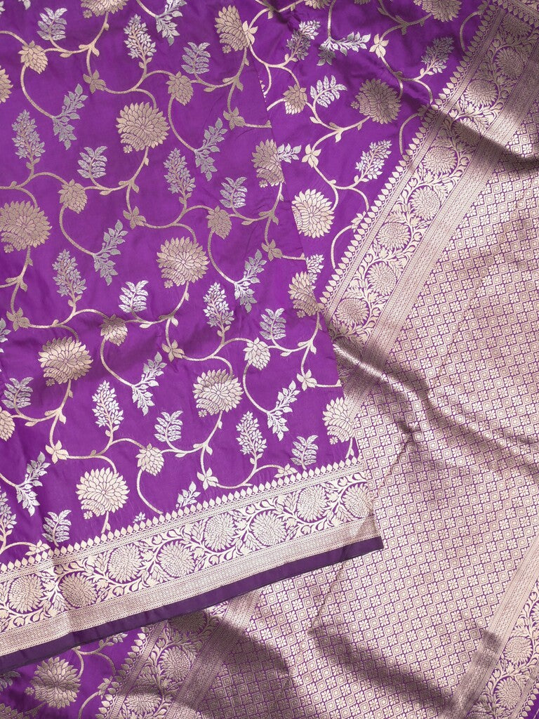 Banaras fancy saree purple color allover zari weaves & zari border with rich pallu and plain blouse