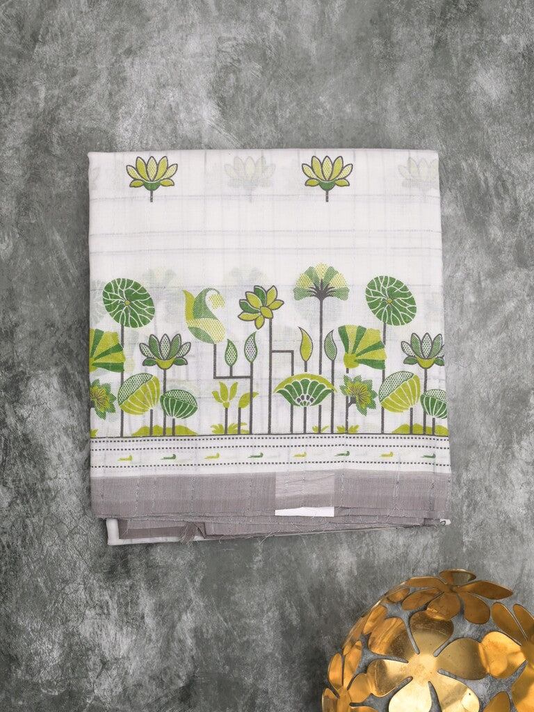 Mangalagiri cotton saree white color allover motifs & small border with contrast pallu and attached plain blouse