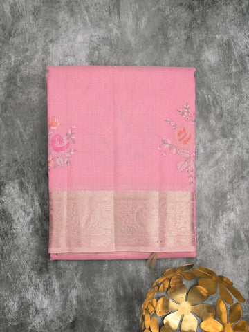 Kota fancy saree light pink color allover embroidery & zari border with short pallu and attached plain blouse