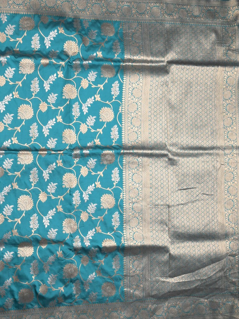 Banaras fancy saree sky blue color allover zari weaves & zari border with rich pallu and plain blouse