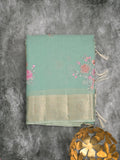 Kota fancy saree lux green color allover embroidery & zari border with short pallu and attached plain blouse