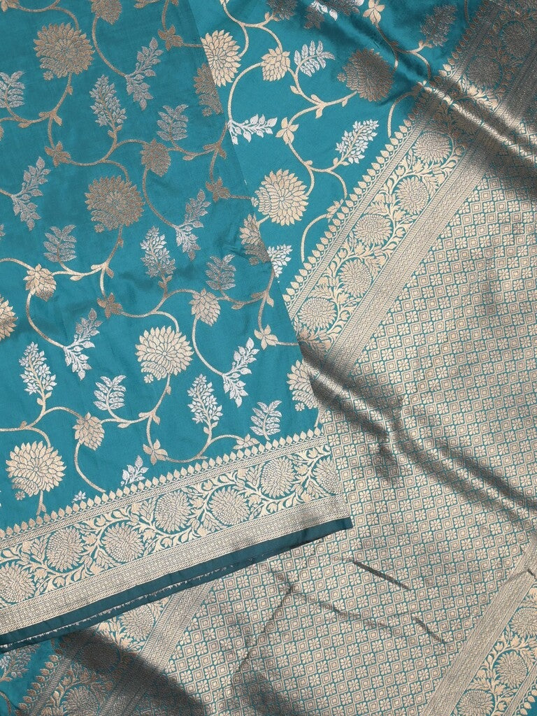 Banaras fancy saree sky blue color allover zari weaves & zari border with rich pallu and plain blouse