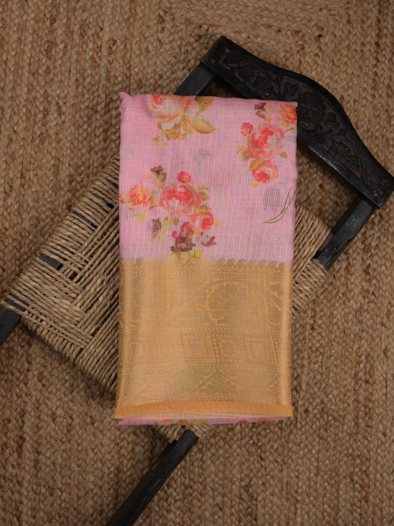 Silk kota fancy saree baby pink color allover digital prints & zari border with printed pallu and contrast blouse