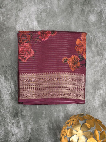 Maheshwari fancy saree wine color allover prints & zari border with short zari pallu and plain blouse