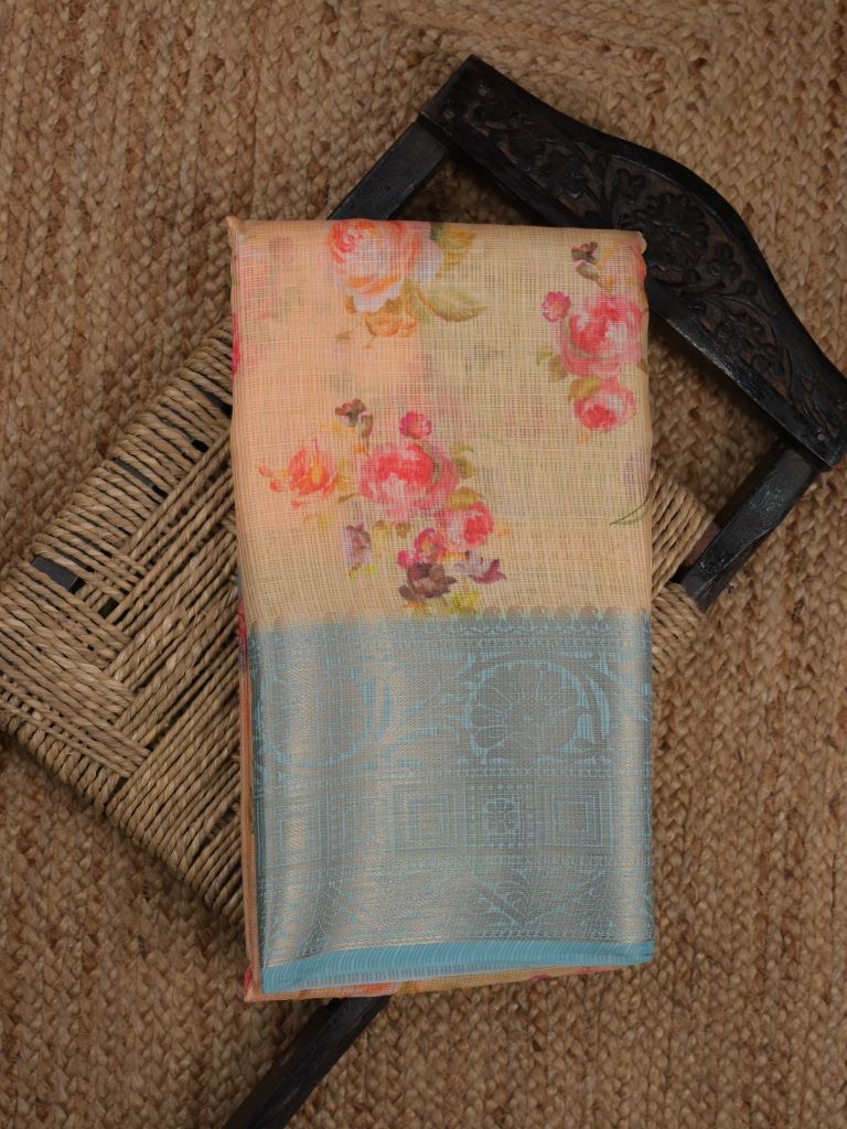 Silk kota fancy saree cream color allover digital prints & zari border with printed pallu and contrast blouse