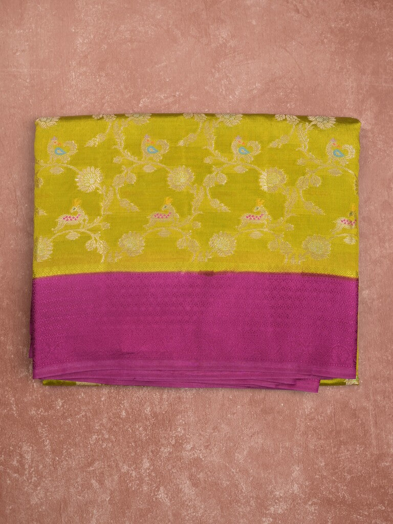 Raw mango fancy saree mustard green color allover zari weaves & kaddi border with brocade pallu and contrast plain blouse