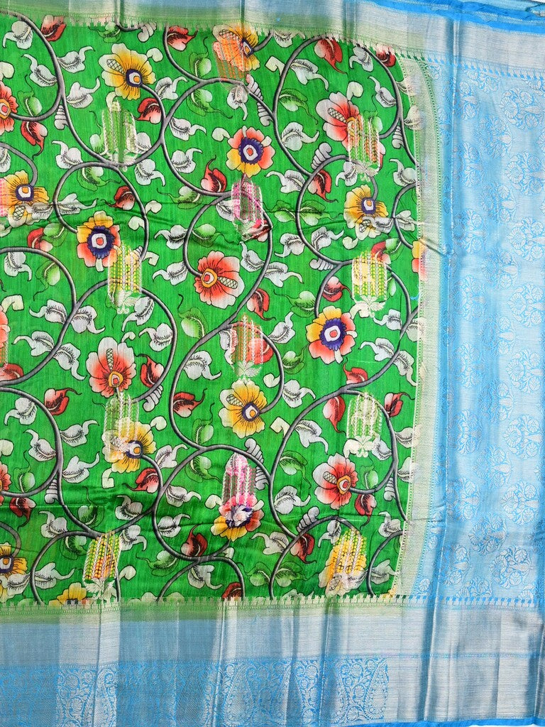 Jute matka fancy saree parrot green color allover prints & big zari border with short pallu and attached brocade blouse