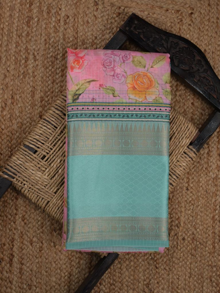 Silk kota fancy saree light pink color allover digital prints & zari border with printed pallu and contrast blouse