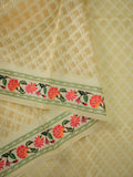 Organza fancy saree light yellow color allover weaves & weaving border with short pallu and printed blouse