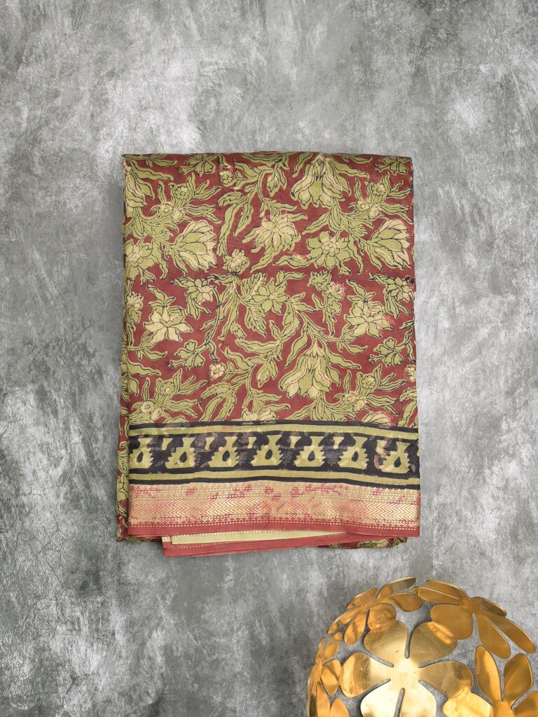 Maheshwari fancy saree maroon color allover prints & small zari border with printed pallu and printed blouse
