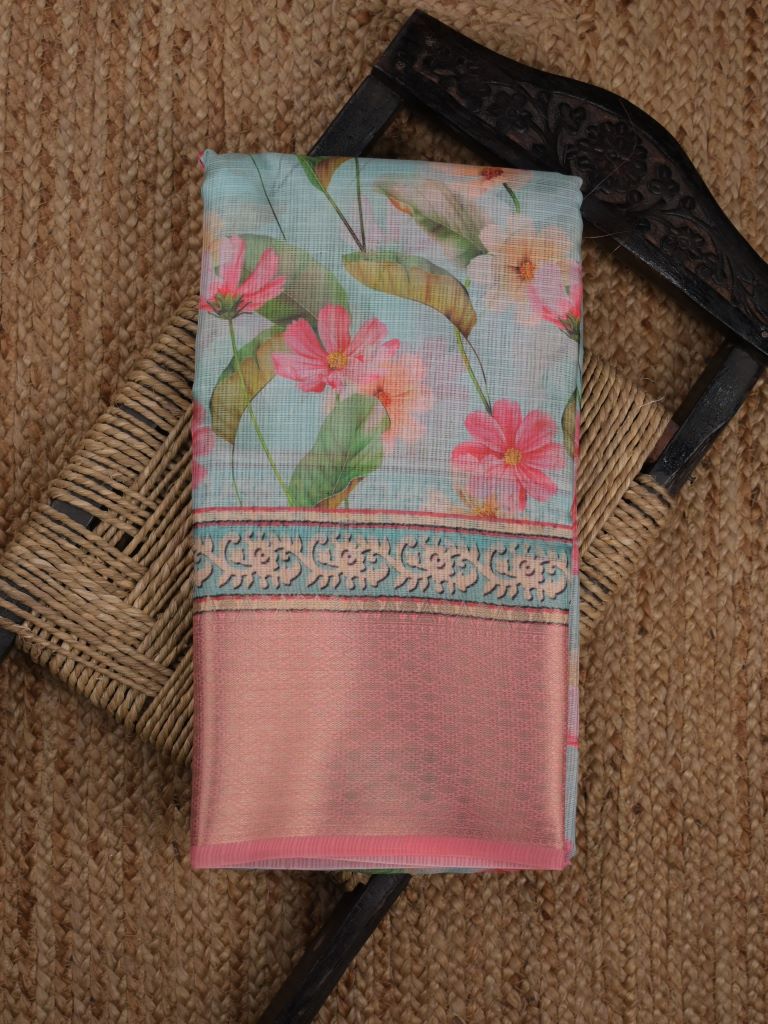 kota fancy saree sky blue color allover digital prints & zari border with printed pallu and contrast blouse
