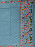 Organza fancy saree sea blue color allover weaves & weaving border with short pallu and printed blouse