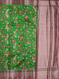 Jute matka fancy saree parrot green color allover prints & big zari border with short pallu and attached brocade blouse